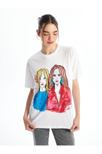 LC Waikiki Tricou cu mânecă scurtă imprimat cu decolteu rotund pentru femei