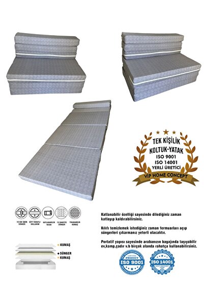 Vip Home Concept Tek Kişilik Katlanır Koltuk Katlanır Yatak Kanepe Yer Yatağı Tek Kişilik GRİ-90x190x10 CM