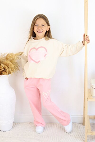e-çocuk Girl's Lower Upper Set Heart Printed Pipe Leg 6824