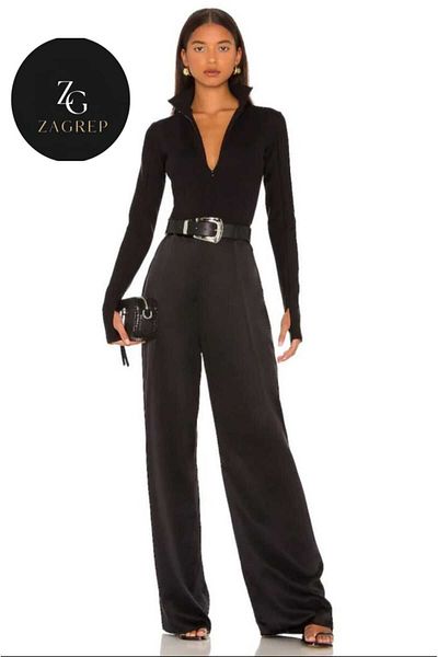 Zagrep Women's Black Finger Snap Half Turtleneck Hidden Zipper Silk Jersey Bodysuit