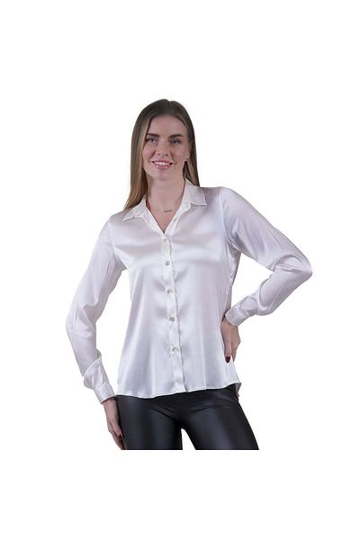 Exve Exclusive Cămașă albă, simplă, ușor drapată, 100% mătase pură, cu burduf la spate, pentru femei