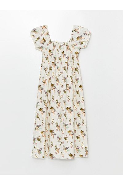 LC Waikiki Floral Patterned Short Sleeve Maternity Dress - Tie-Up Collar