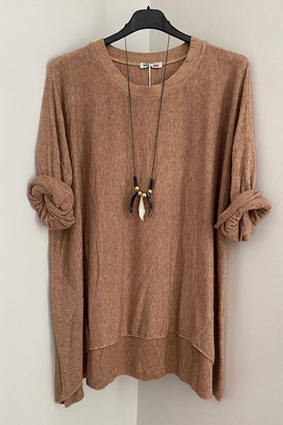 AYASOFYA OTANTIK Γυναικεία Oversize Πλεκτή Μπλούζα - Ιταλικό Ανοιχτό Καφέ, Πλεκτό Λαιμόκοψη, Αξεσουάρ Κολιέ, Φαρδύ πουλόβερ