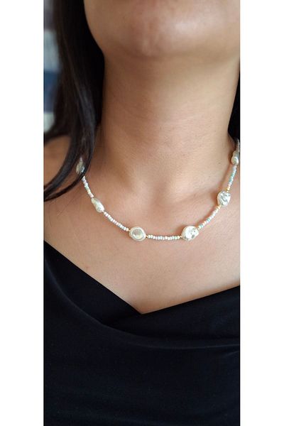 azra takı tasarım Pearl and Powder Colored White Short Women's Necklace - Handmade