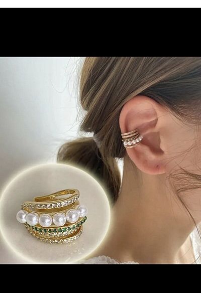 Arescollection tarnish-proof ZIRCON STONE pearl earcuff compressed cartilage conch earrings that do not require orbital holes