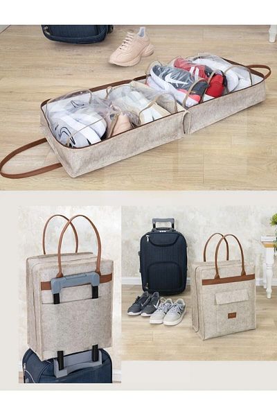 ALAS Felt Shoe Travel Bag with Leather Handle, Shoe Storage, Luggage Organizer