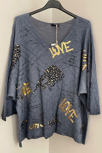 AYASOFYA OTANTIK Blue V-Neck Printed Three-Quarter Sleeve Leather Women's Knitwear Blouse Sweater
