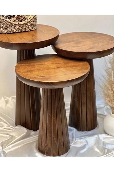 Simillo Home&Living Ahşap 3’lü Set Mantar Yan Sehpa Açık Ceviz Renk Fiskos / ...