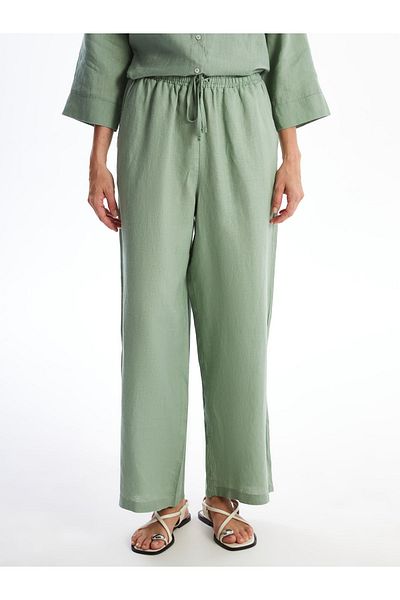 LC Waikiki Linen Women's Trousers - Straight, Wide Leg and Elastic Waist