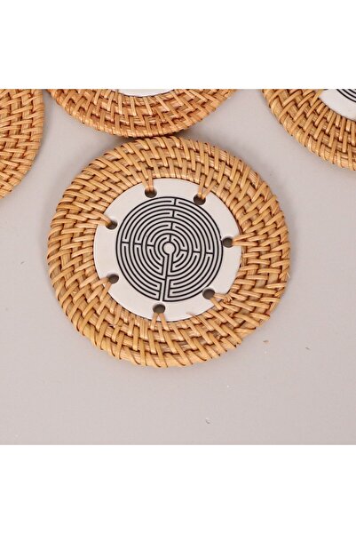 Mylamp Labyrinth 6-Piece Natural Rattan and Handmade Ceramic Coasters
