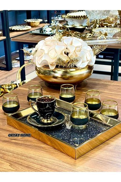 Paşabahçe Lava Lal- 304 6-Piece Bottoming Black Inner Gold Mouth Gilt Coffee Side Water Cup, Dowry, Gift