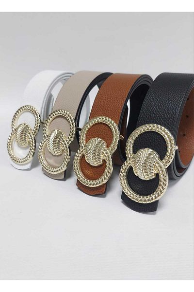Kemerix Black-White-Mink-Tan 4-Piece Women's Belt Set with Gold Buckle