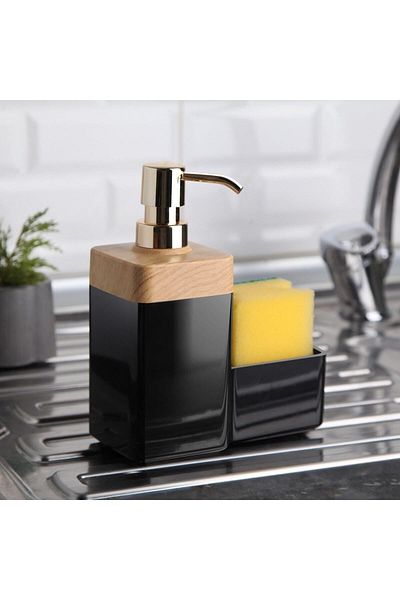 bersachef Δοχείο υγρού σαπουνιού κουζίνας Bamboo Look Dispenser υγρού σαπουνιού με σφουγγάρι