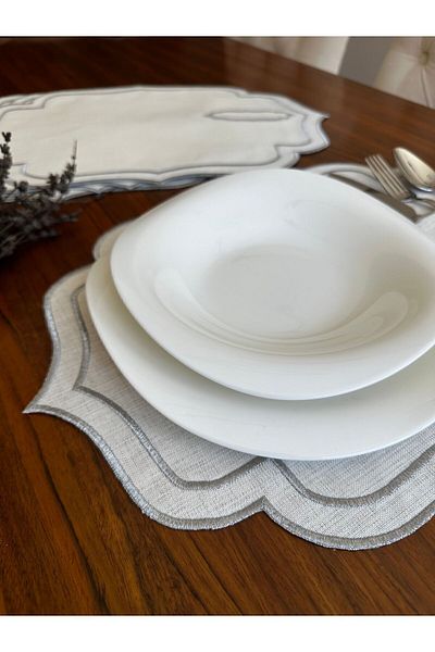 NURHAN HOME COLLECTION 6 Τεμάχια Διπλής Σειράς Ασημένιο Κεντημένο Αμερικάνικο Πιάτο Σερβιρίσματος με Κουτάλι