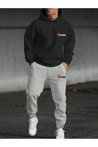 EFFRENATU Ανδρικό Σετ Φούτερ Oversize Fleece - Τριών Κλωστών με στάμπα