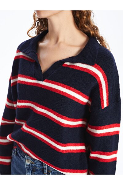 LC Waikiki Damen-Strickpullover mit Polokragen, gestreift, Übergröße – W4hp93z8