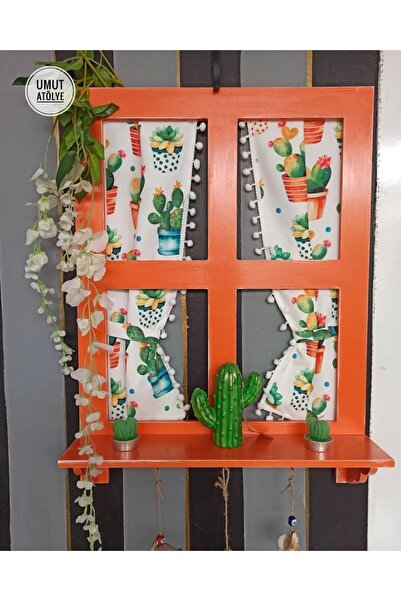 Umut Atölye Turuncu Ahşap Dekoratif Pencere 62&46 cm