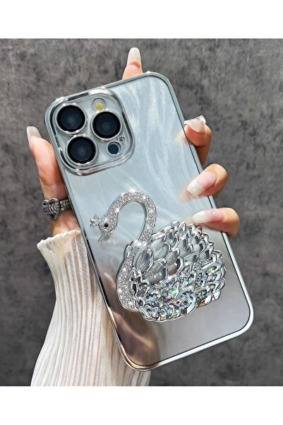 EDELFU iPhone 15 Pro Kuğu Lüks Kaplama Parıltılı Elmas Taşlı Lens Koruyucu Kılıf
