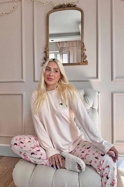 Pijamaevi Thermal Ecru Hund Patterned Women's Pajama Set