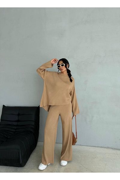 alieva Camel Crew Neck Knitwear Tracksuit Set - Light Brown, Comfortable Fit