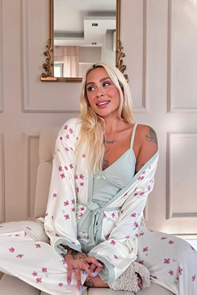 Pijamaevi Mint Flowers Patterned Women's Pajamas and Thermal Dressing Gown Set