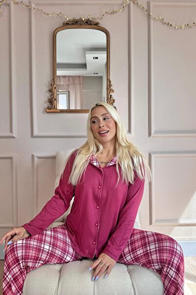Pijamaevi Mürdüm Cymru Desenli Termal Önden Düğmeli Kadın Pijama Takımı