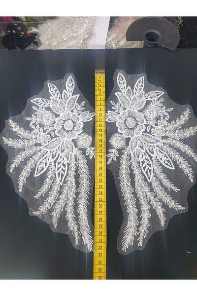 ESRA ŞELEM Flower Patterned White Bead and Sequin Embroidered Lace Applique Embroidery Guipure Accessory 2 Pieces