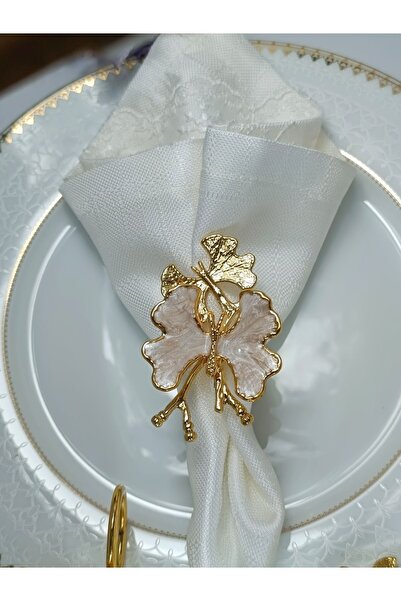 Aksesuar 6'lı ikili kelebek dallı beyaz sedef mineli gold kaplama halka peçet...