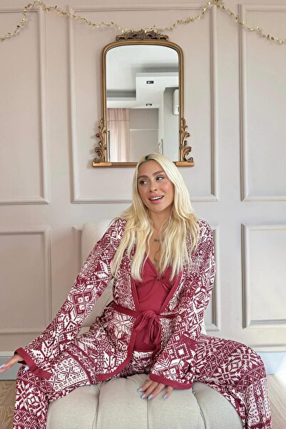 Pijamaevi Etnikai mintás bordó női pizsama és pongyola szett