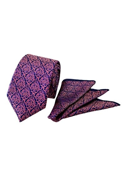 VENCHY ربطة عنق من النحاس باللون الأزرق الداكن مع منديل بنمط عرقي 7705-2mk