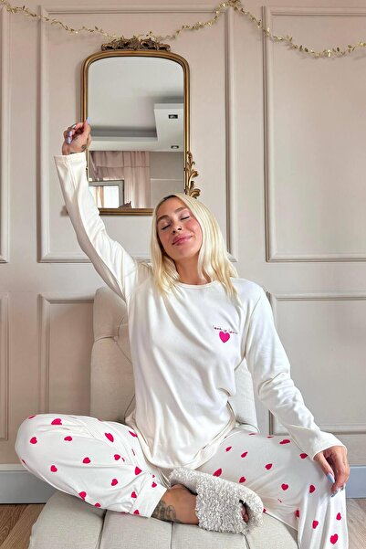 Pijamaevi Thermal Patterned White Love Women's Pajama Set
