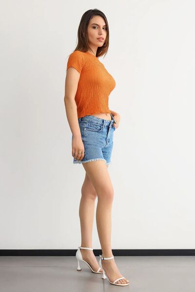 Hiccup Crew Neck Woven Crop Top - Short Sleeve