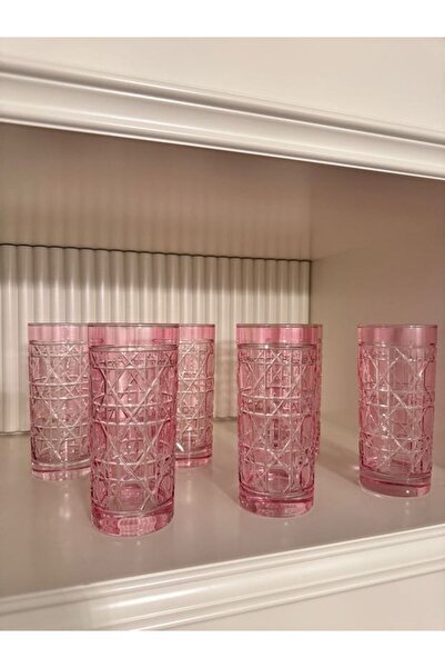 dekorasyon garajı %100 El Yapımı Kristal Meşrubat Bardağı 6’lı Set – Pembe Hasır Desen | Şık Sunumlar İçin
