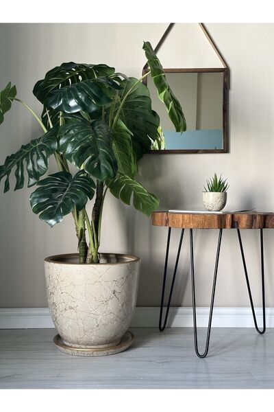 odka 40litre Klasik Saksı Tabaklı 40cmx40cm Lily Taş Gold Beyaz