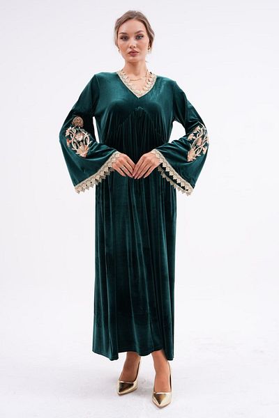 AYASOFYA OTANTIK Rochie lungă de damă din catifea cu broderie verde și detaliu din dantelă
