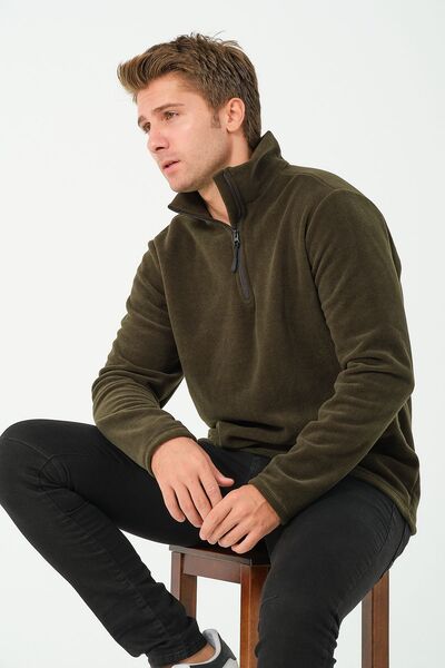 vawensea Men's Half Zippered Stand Collar Non Pilling Fleece Khaki