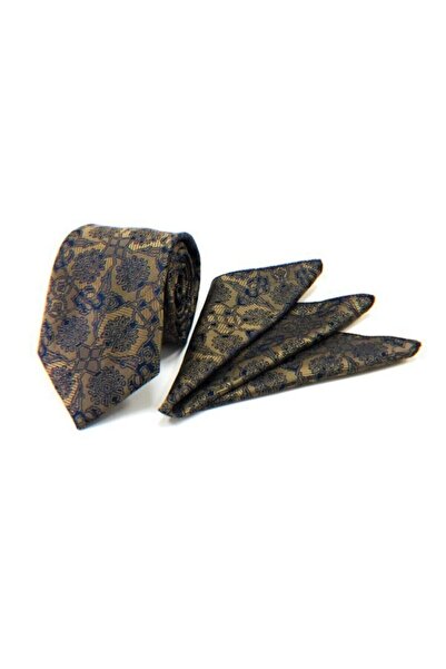 VENCHY ربطة عنق ذهبية بنمط عرقي باللون الأزرق الداكن مع منديل