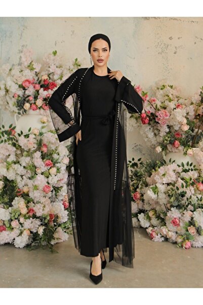 HİJABAYA Διπλό Abaya με μανίκια και γιακά με πέρλες - Μέση με κορδόνια