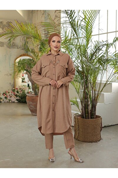 HİJABAYA Buttoned Double Pocket Long Linen Tunic