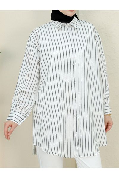 HİJABAYA Stone Detailed Thin Striped Casual Shirt