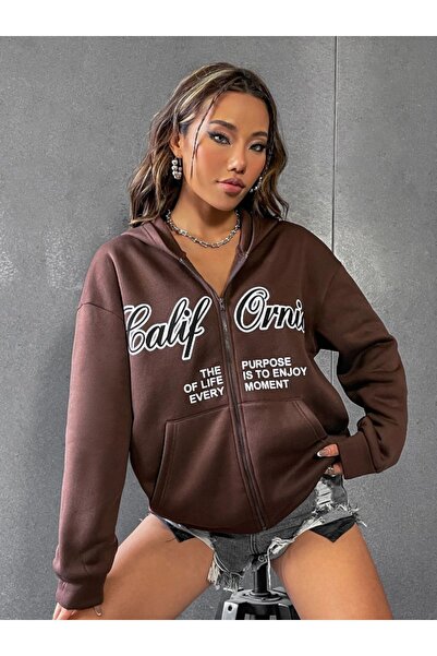 Altamira Women's Brown California Printed Hooded Zipper Cardigan