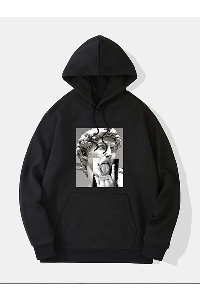Altamira Unisex Black Sculpture Printed Oversize Hooded Sweatshirt
