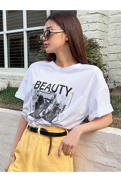 Altamira Μπλουζάκι Unisex White Beauty Printed Oversize Crew Neck T-shirt