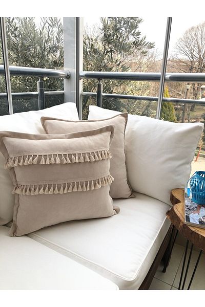 Decamor home Piatră - Set de fețe de pernă cu ciucuri boeme de culoare bej deschis Set de 2 perne decorative