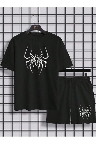 Altamira Men's Black Spider Printed Shorts T-shirt Set