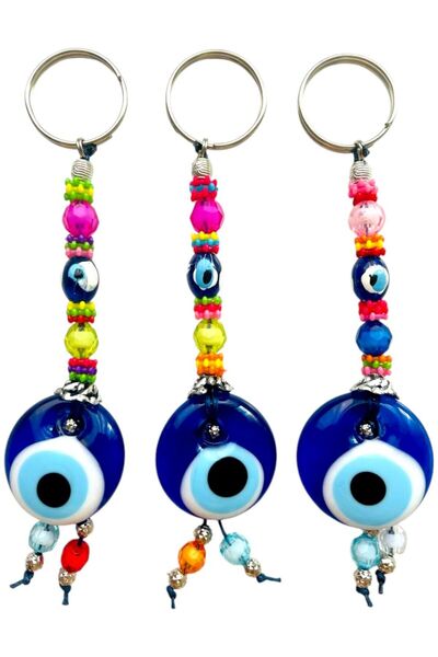 GALATA GIFT 3 قطع سلسلة مفاتيح مطرزة بعين الشر - حلية، سيارة، مكتب، هدية منزل...