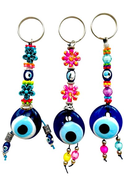 GALATA GIFT 3 قطع سلسلة مفاتيح مطرزة بعين الشر - حلية، سيارة، مكتب، هدية منزلية سلسلة مفاتيح للصديق