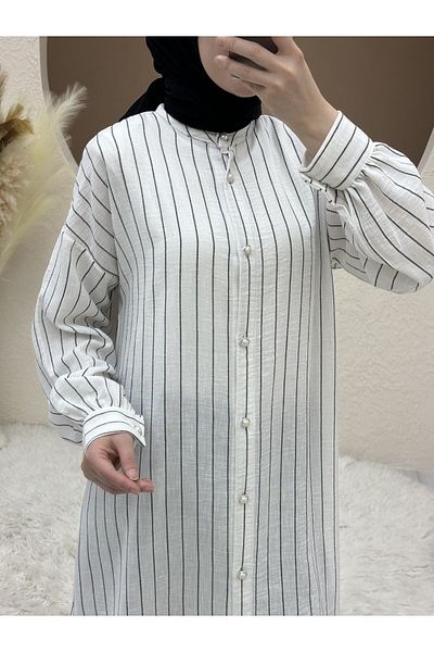HİJABAYA Striped Long Tunic - Ball Button and Lace Up