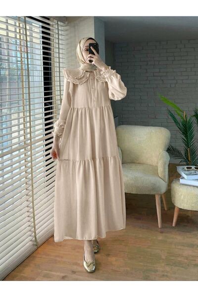 HİJABAYA Imported Linen Dress - Baby Collar, Ruffles and Fragments