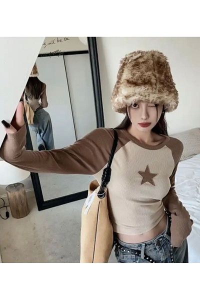Köstebek Μακρυμάνικο Raglan Crop - Retro Patch Star Design